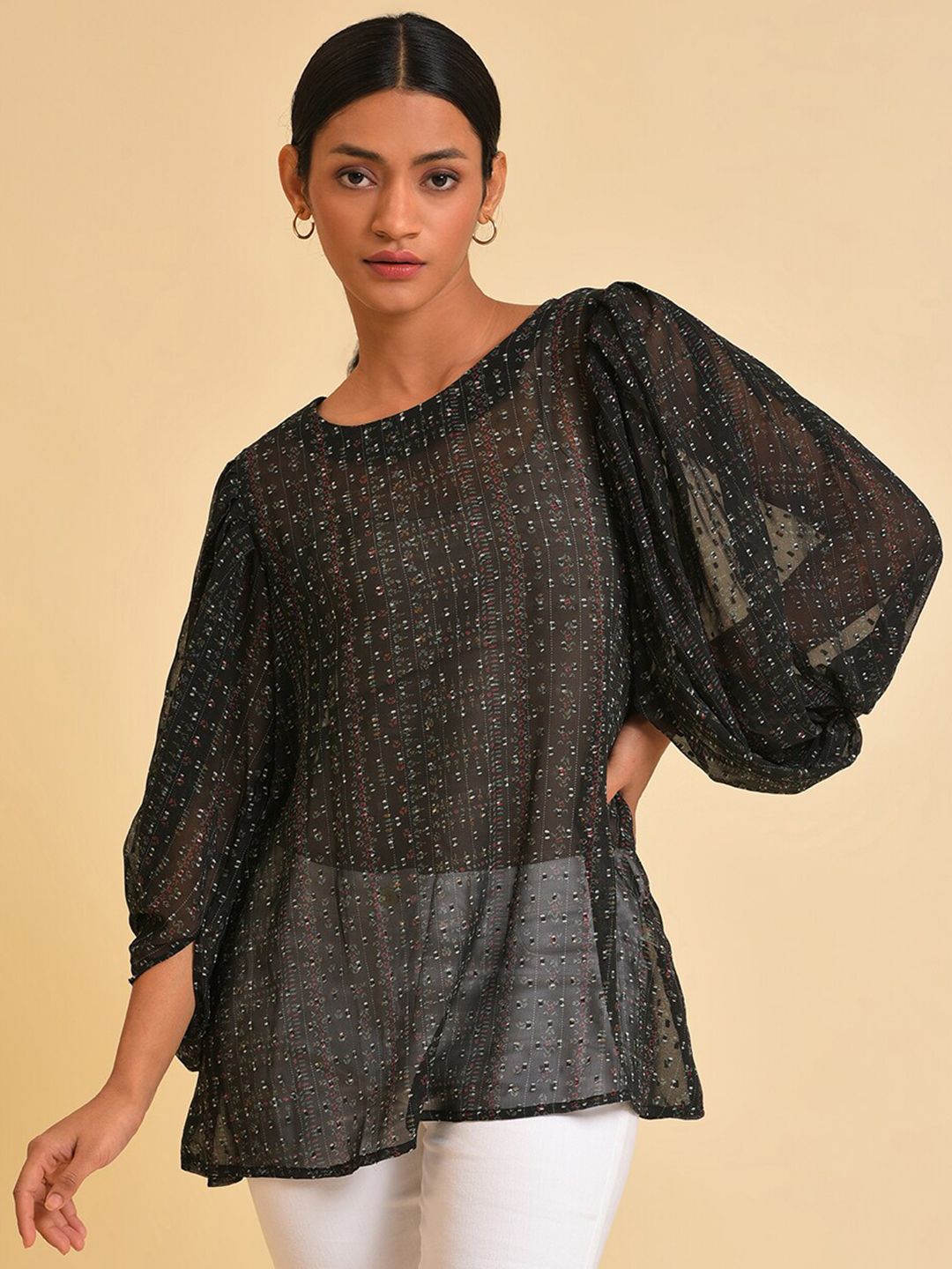 W Black Self Design Puff Sleeves Top