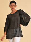 W Black Self Design Puff Sleeves Top