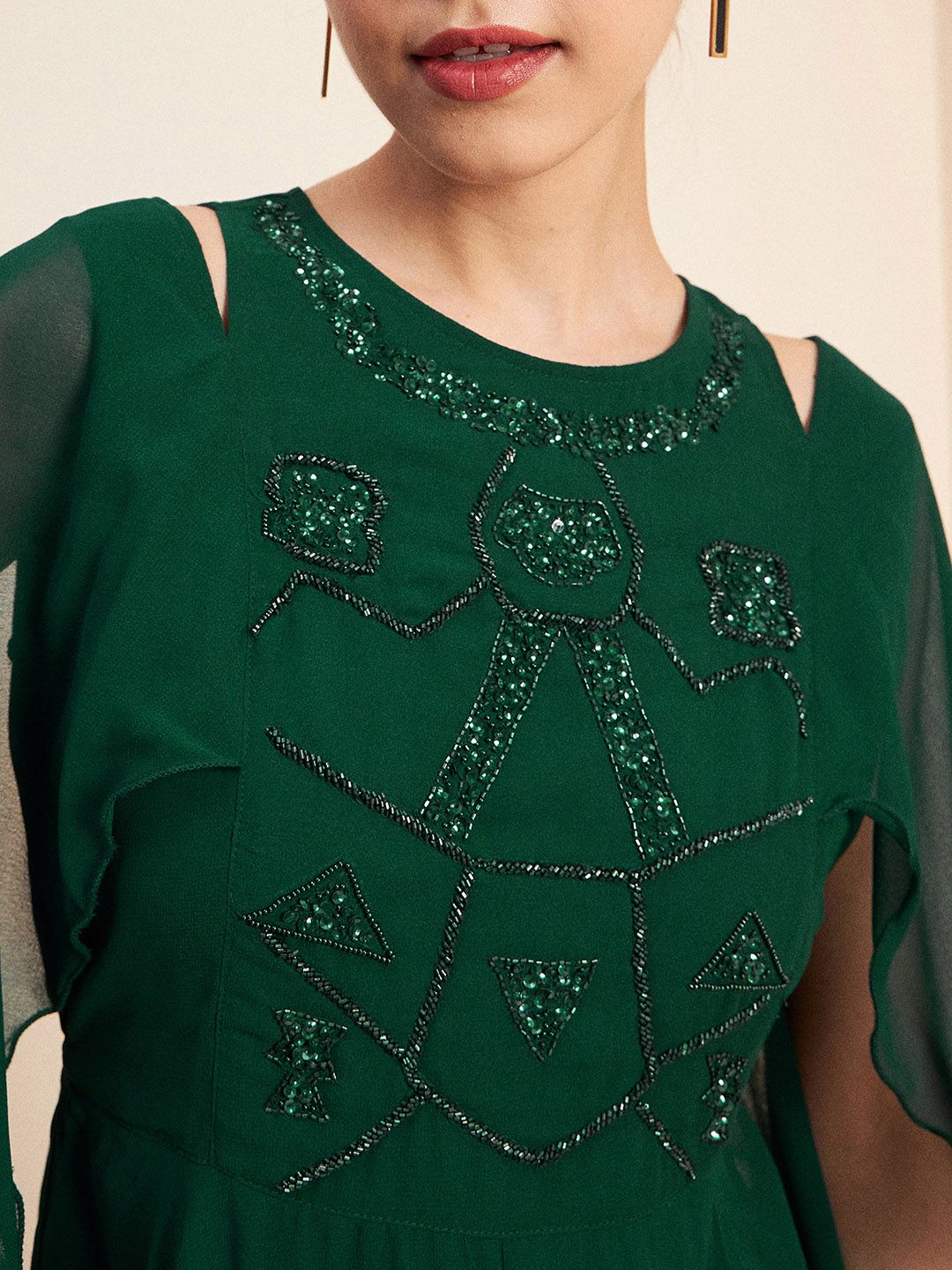Antheaa Green Slit Sleeves Embellished Detail Maxi Dress