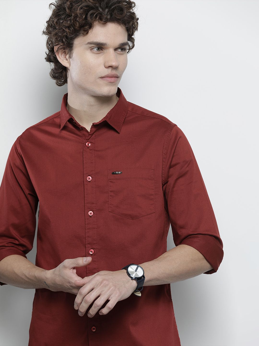 The Indian Garage Co Men Rust Brown Solid Comfort Cotton Shirt
