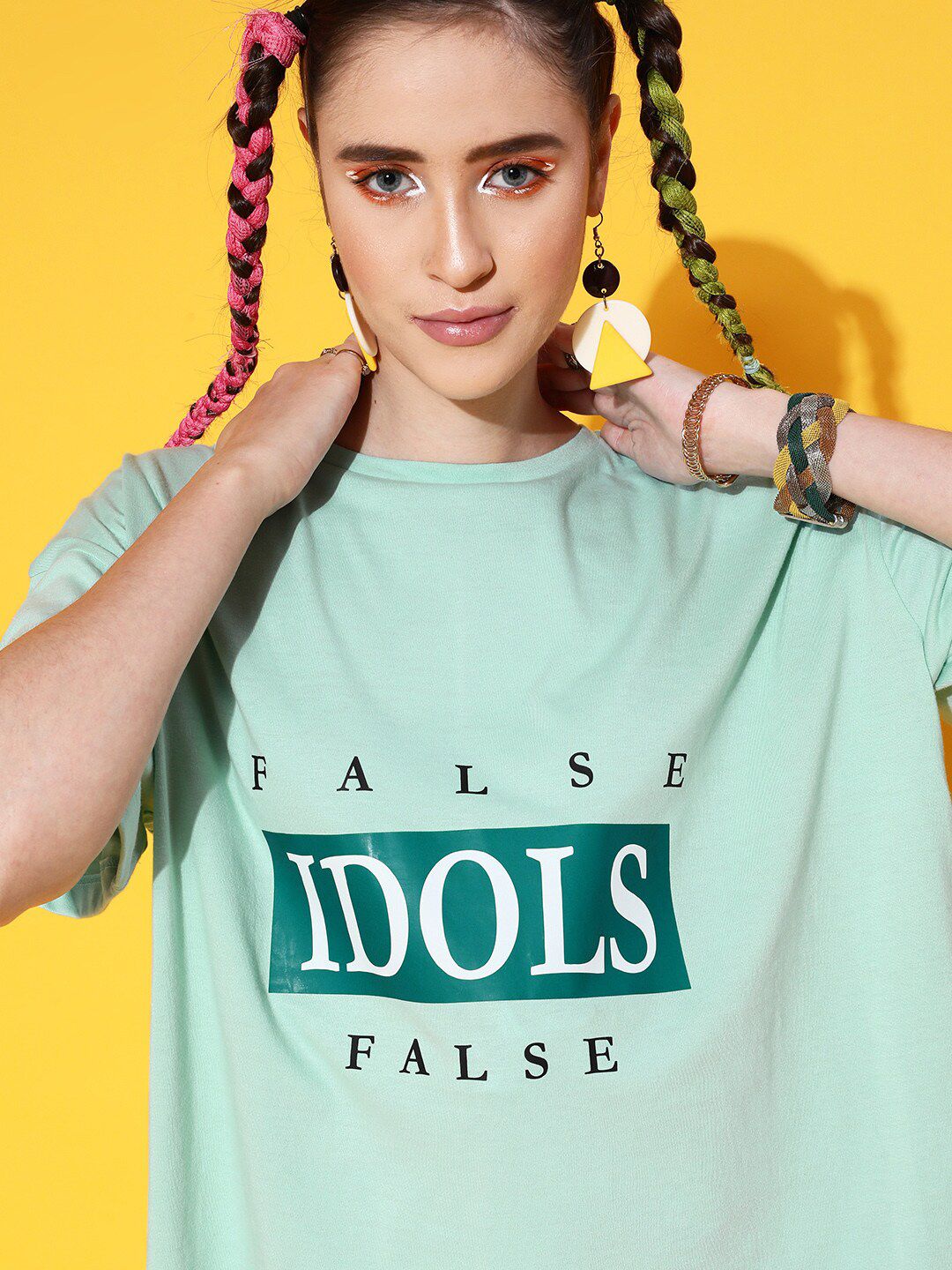 STREET 9 Women Sea Green Printed Cotton Drop-Shoulder Sleeves Bio Finish Oversized Pure Cotton T-shirt