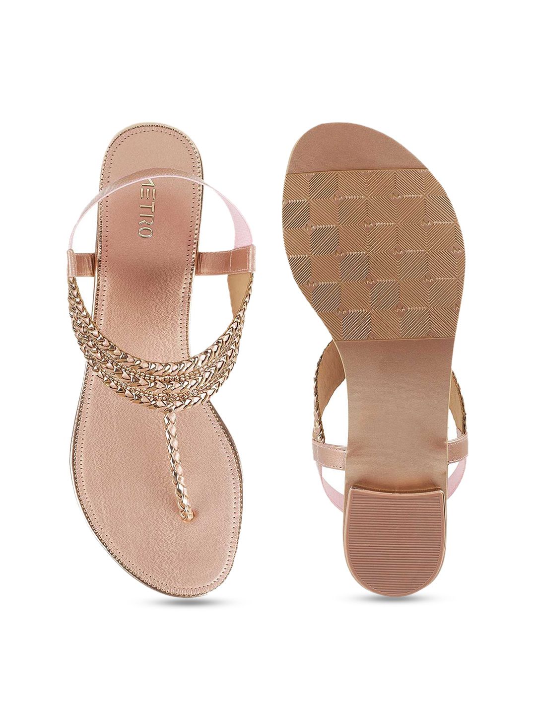 Metro Women Peach-Coloured Embellished Ethnic T-Strap Flats