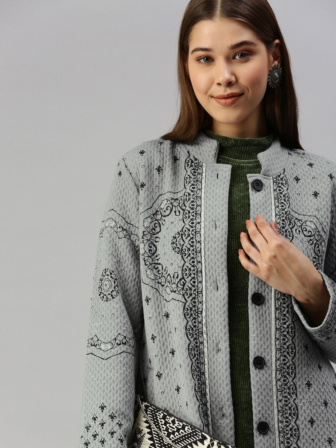 Global Desi Women Grey & Black Longline Parka Jacket