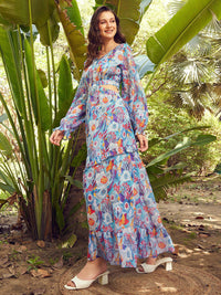 STREET 9 Blue & Orange Floral Printed Maxi Dress