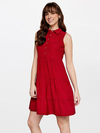 AND Self Design Collar Neck Sleeveless A-Line Dress