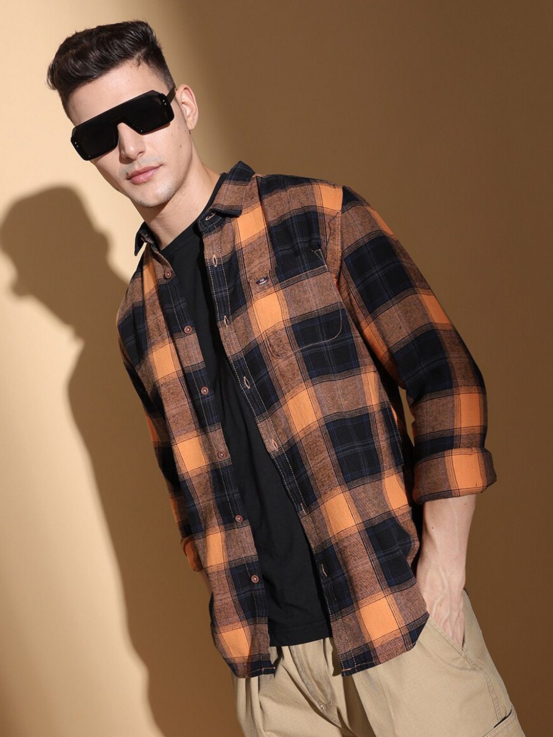 The Indian Garage Co Slim Fit Checked Twill Pure Cotton Casual Shirt