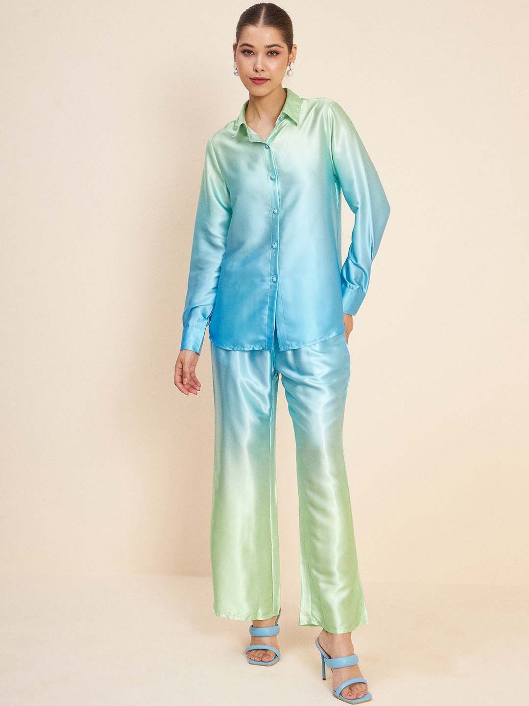 Antheaa Blue Ombre Printed Shirt Collar Long Sleeve Co-Ords