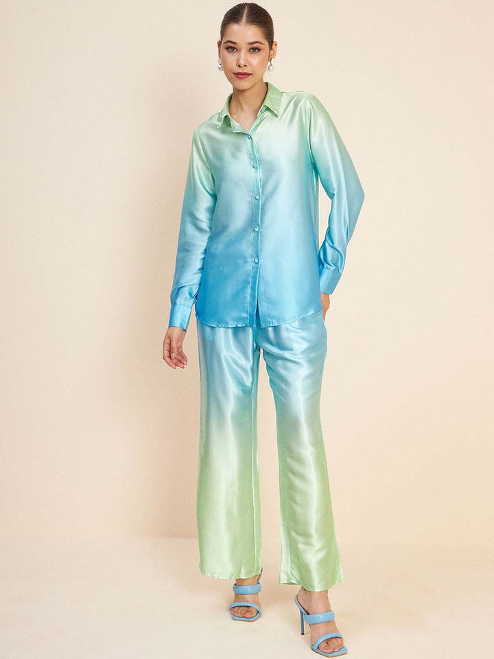 Antheaa Blue Ombre Printed Shirt Collar Long Sleeve Co-Ords