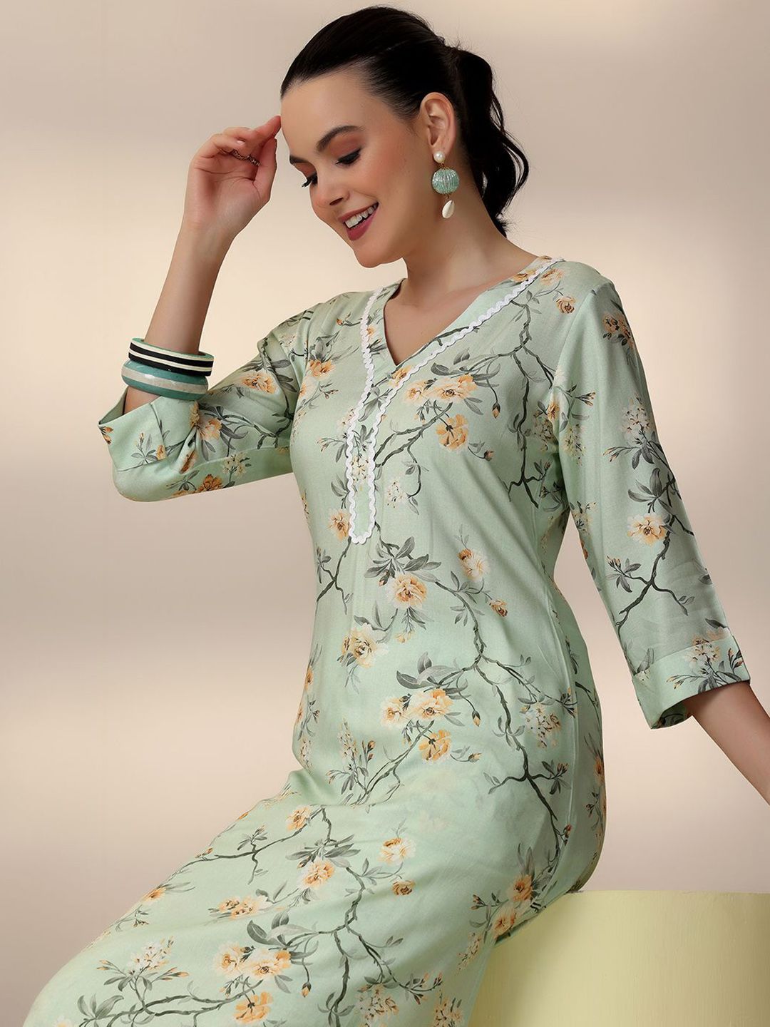 Libas Sea Green Floral Printed V-Neck Tunic With Palazzo