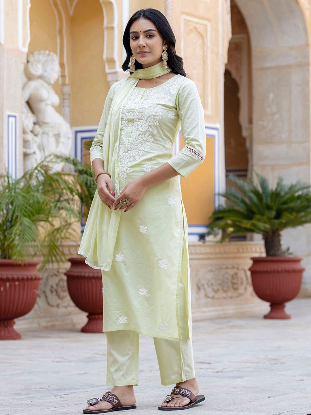 KALINI Floral Embroidered Thread Work Pure Cotton Straight Kurta With Trousers & Dupatta