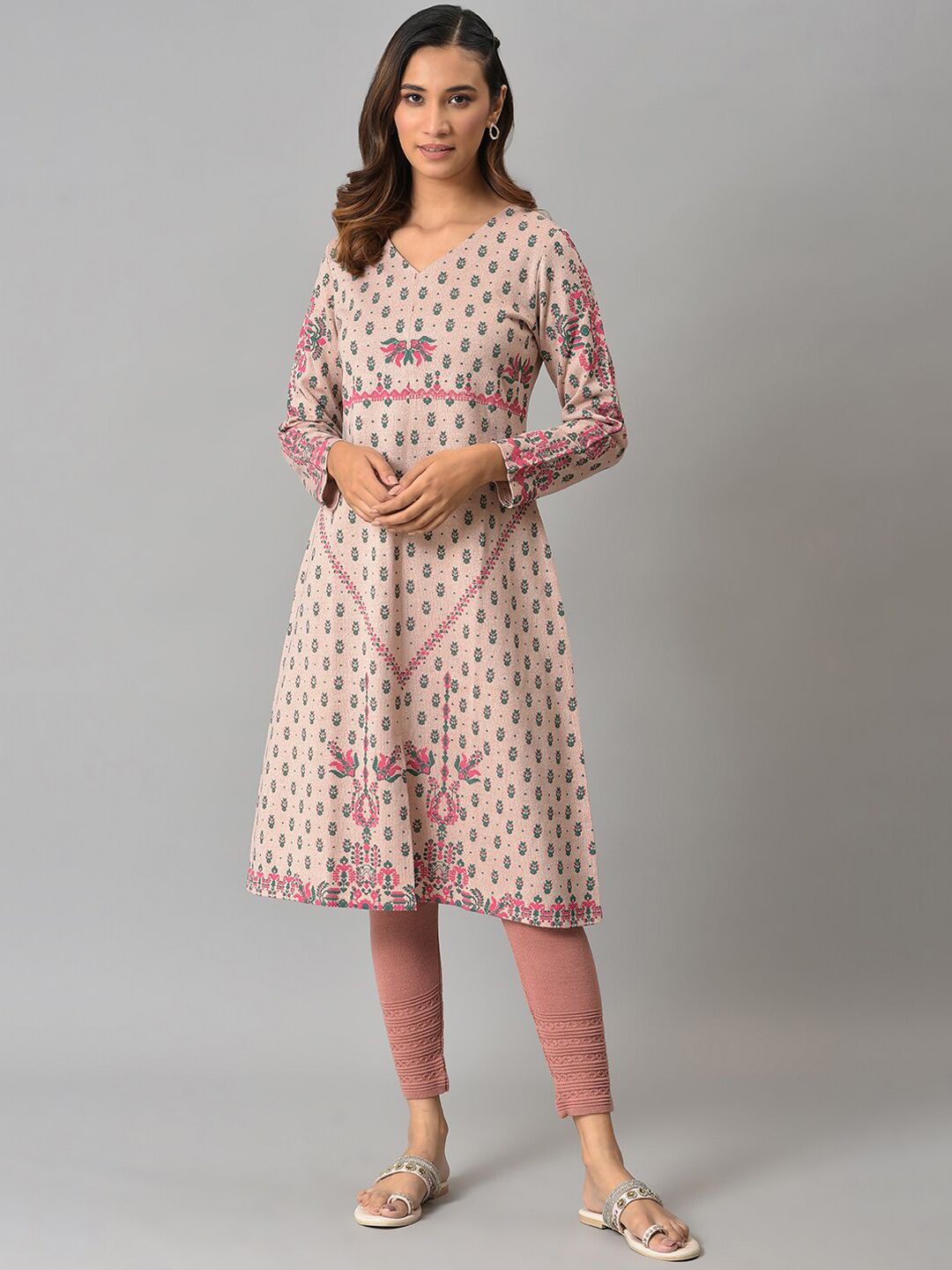 W Women Pink Ethnic Motifs Printed V-Neck Kurta