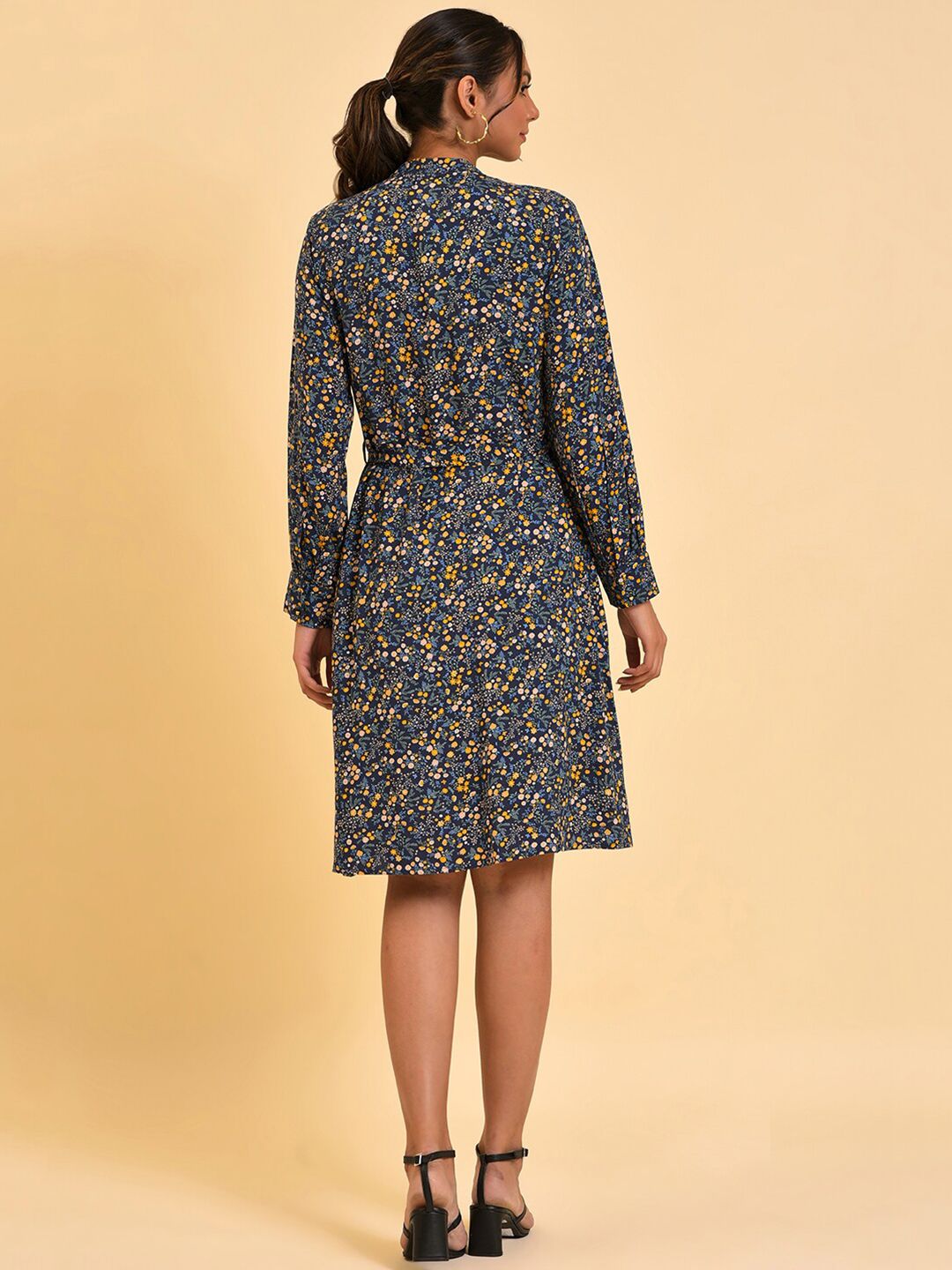 W Blue Floral Printed A-Line Dress With Belt