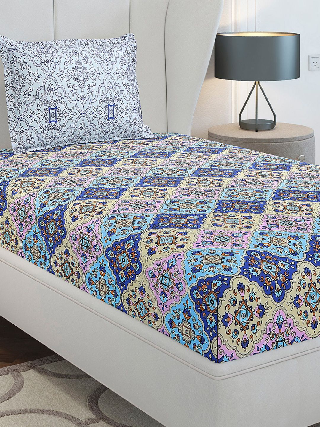 Monte Carlo Blue Ethnic Motifs Printed Cotton 144 TC Single Bedsheet Set 2.29 x 1.52 m