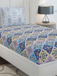 Monte Carlo Blue Ethnic Motifs Printed Cotton 144 TC Single Bedsheet Set 2.29 x 1.52 m