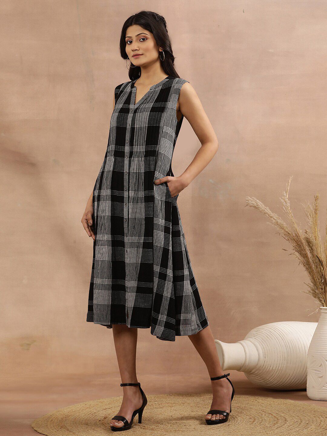 W Checked Mandarin Collar A-Line Midi Dress