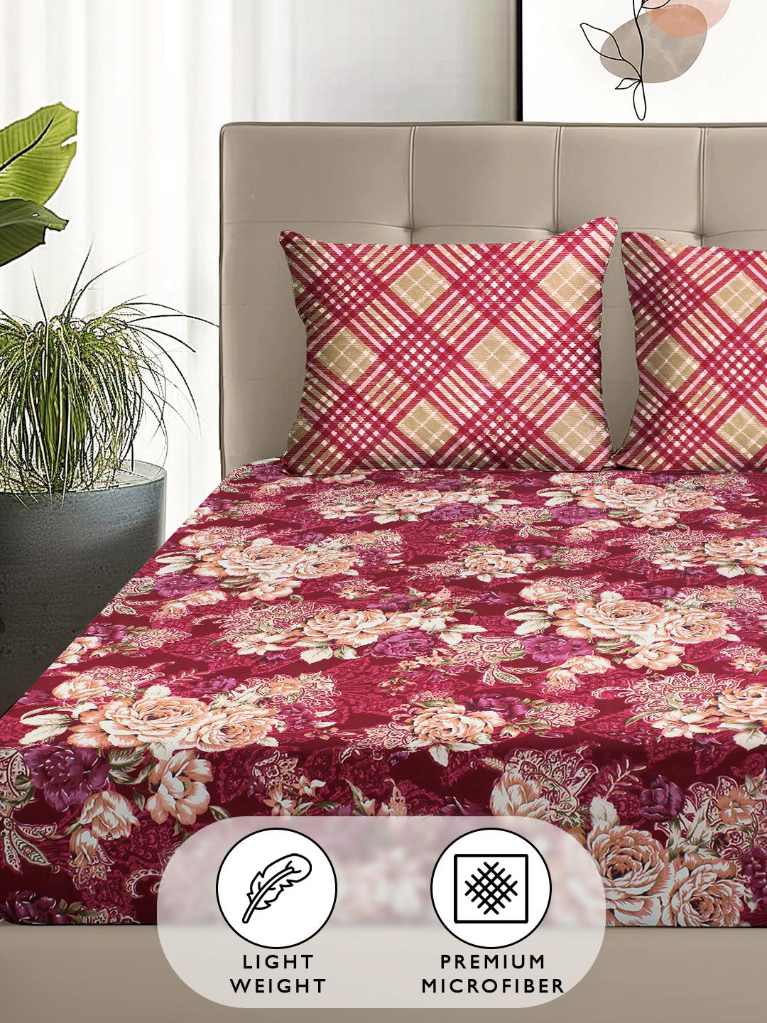 Story@home Arena Magenta & White Floral Microfiber 180 TC Queen Bedsheet & 2 Pillow Covers