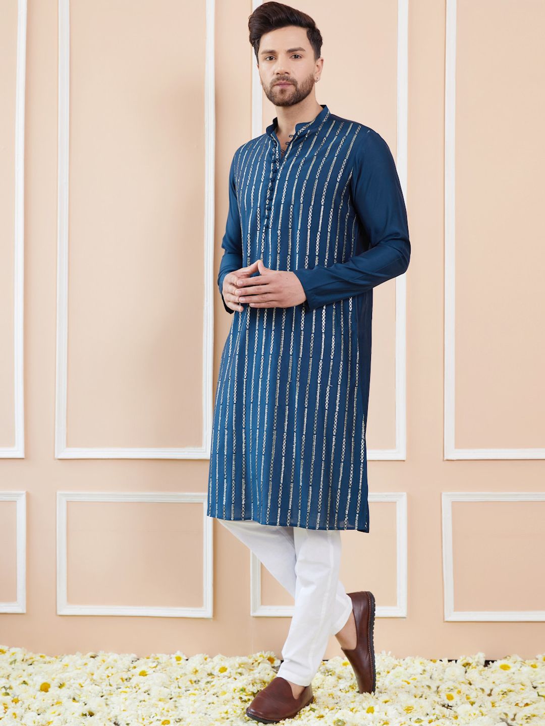 See Designs Striped Mandarin Collar Chanderi A-Line Kurta
