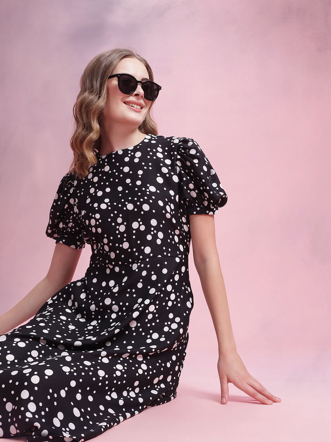 DressBerry Printed Puff Sleeve A-Line Midi Dress