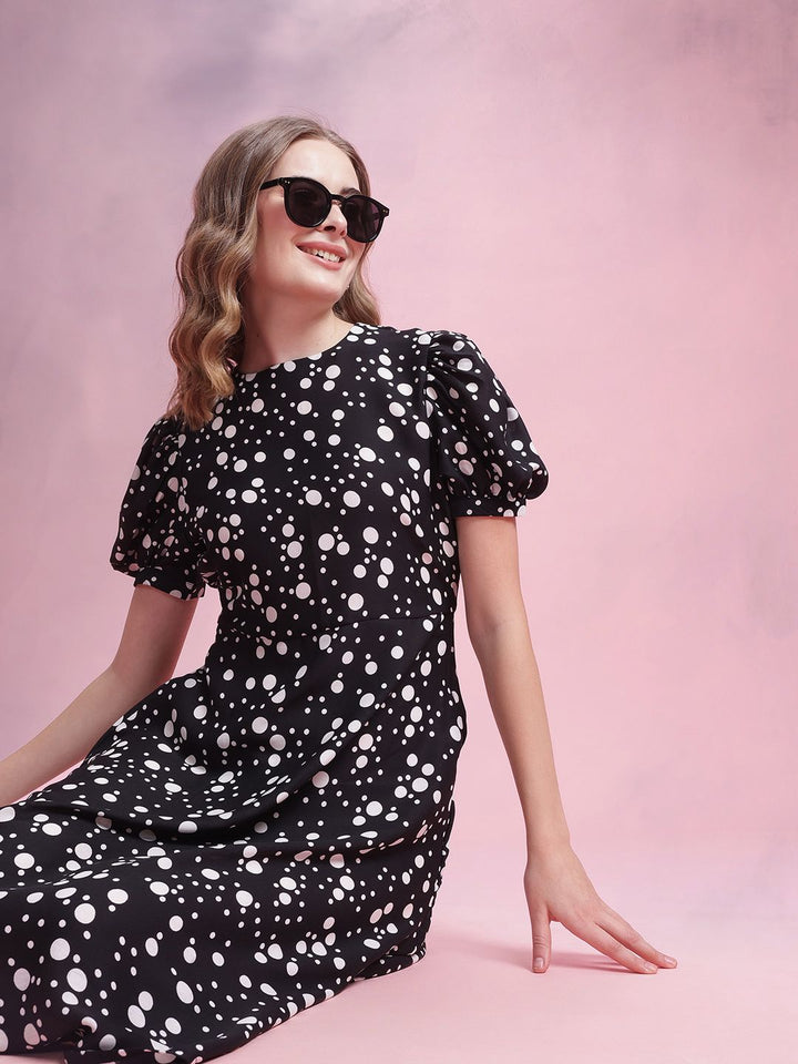 DressBerry Printed Puff Sleeve A-Line Midi Dress