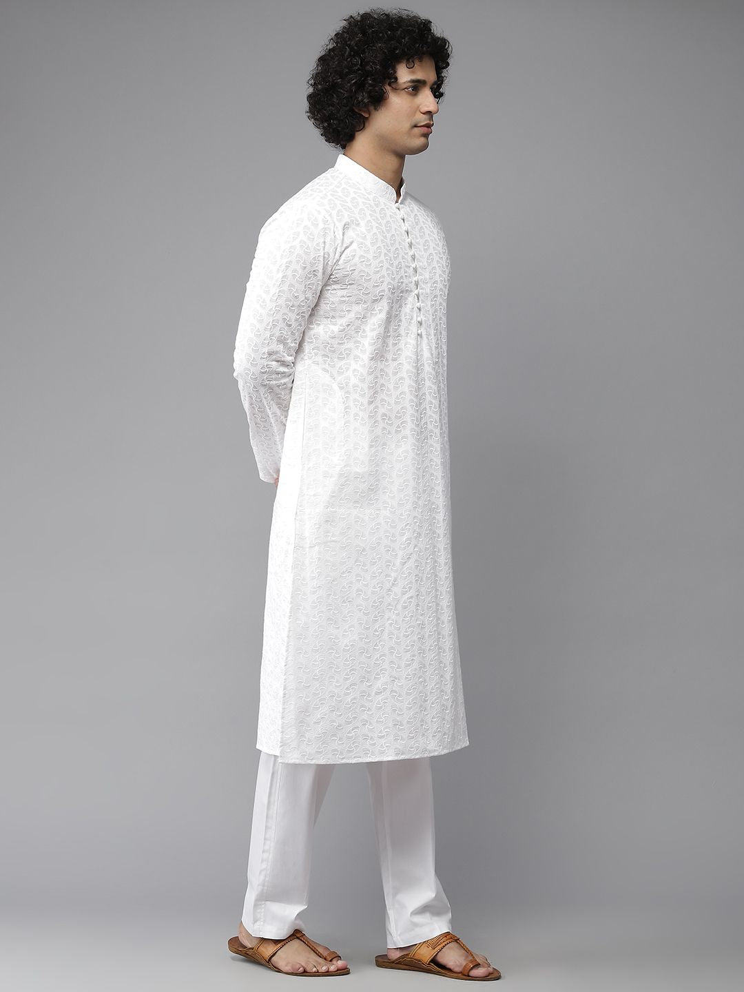 See Designs Men White Embroidered Chikankari Pure Cotton Kurta with Pyjamas