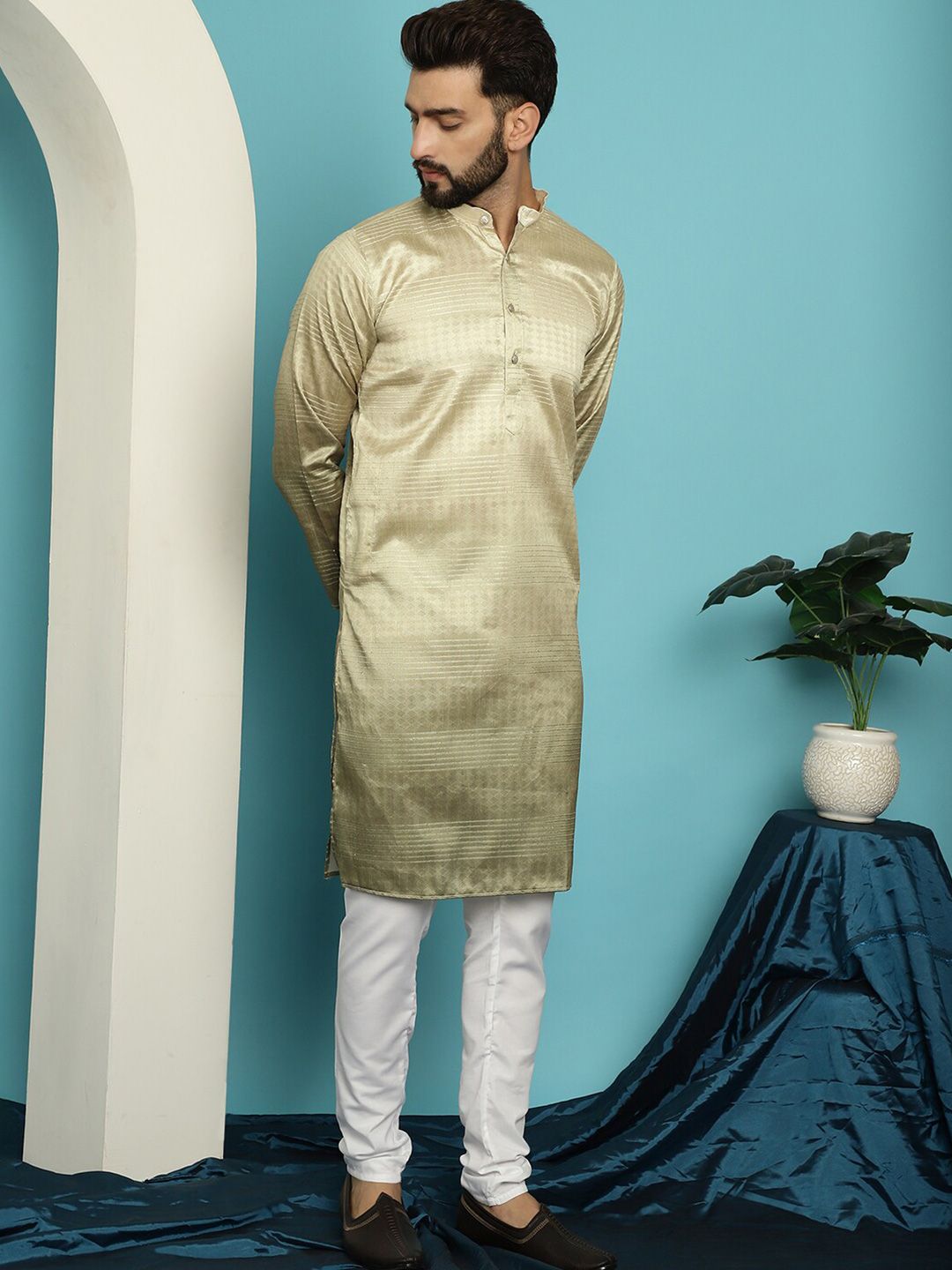 SOJANYA Geometric Woven Design Silk & Cotton Kurta with Churidar