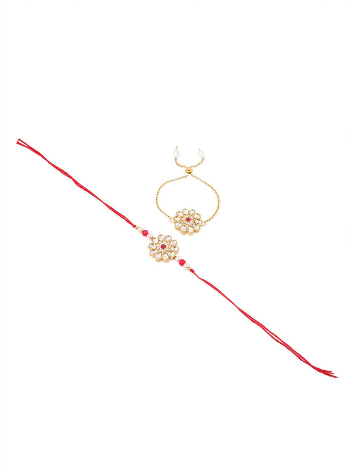 NVR Set of 2 Gold Toned Kundan Studded Bhaiya Bhabhi Rakhi Set with Roli Chawal