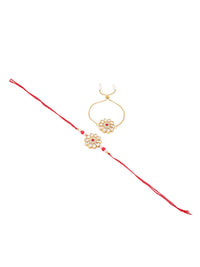NVR Set of 2 Gold Toned Kundan Studded Bhaiya Bhabhi Rakhi Set with Roli Chawal