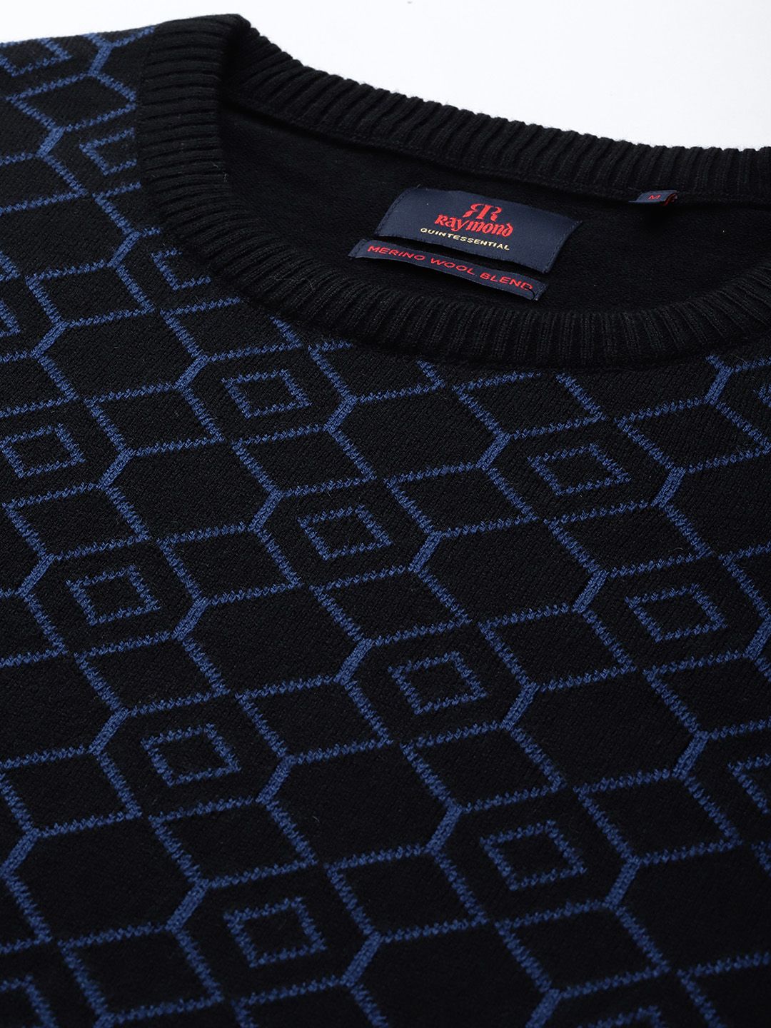 Raymond Men Black & Blue Geometric Woolen Pullover