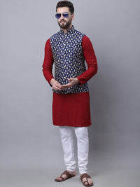 SOJANYA Motif Etnik Bersulam Kurta Kapas Tulen Labuci dengan Piyama & Jaket Nehru