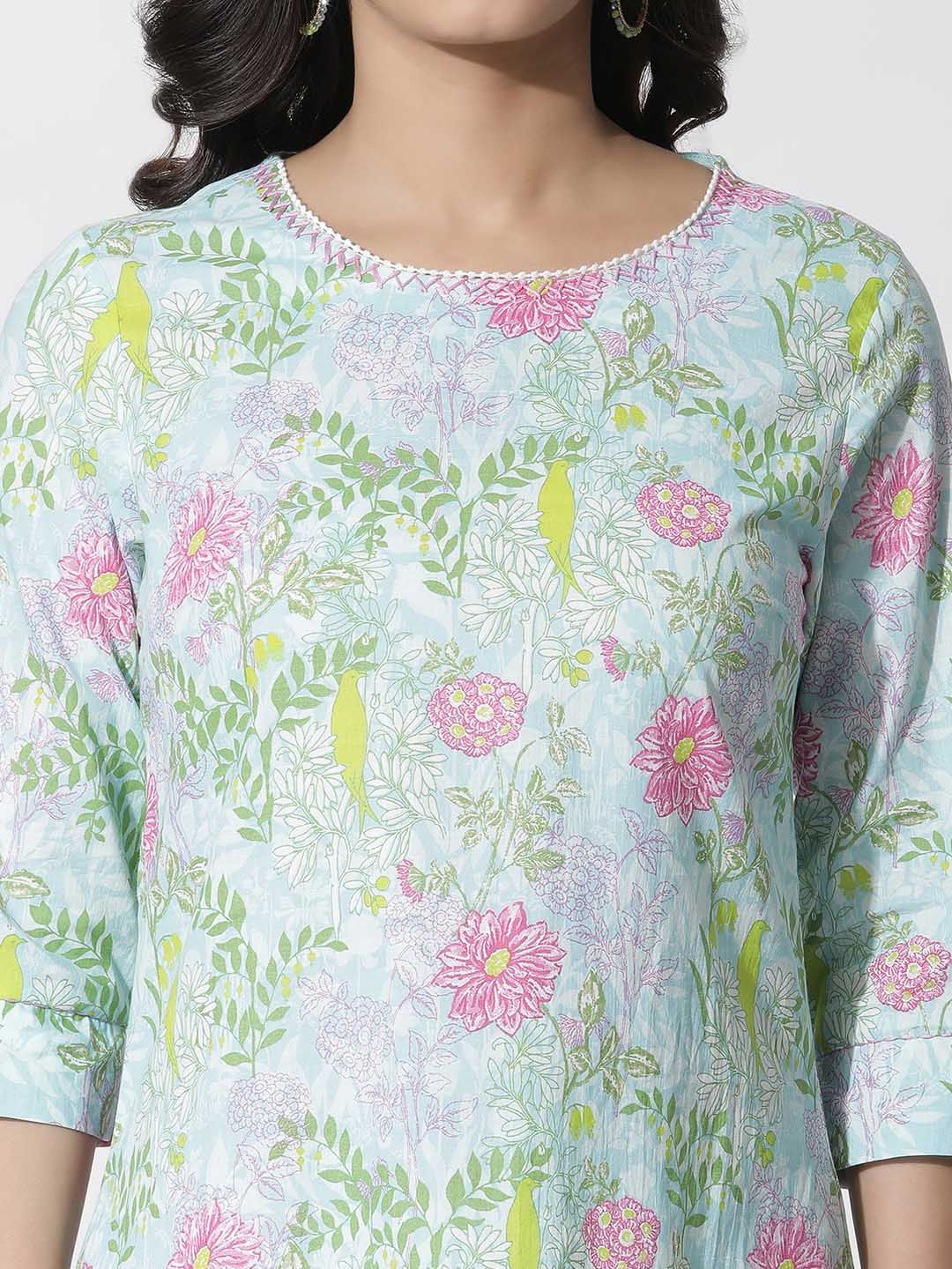 W Blue Floral Printed Cotton Straight Kurta