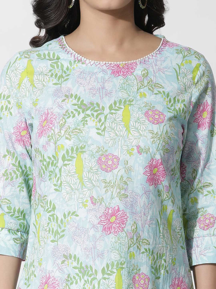 W Blue Floral Printed Cotton Straight Kurta