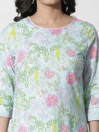 W Blue Floral Printed Cotton Straight Kurta