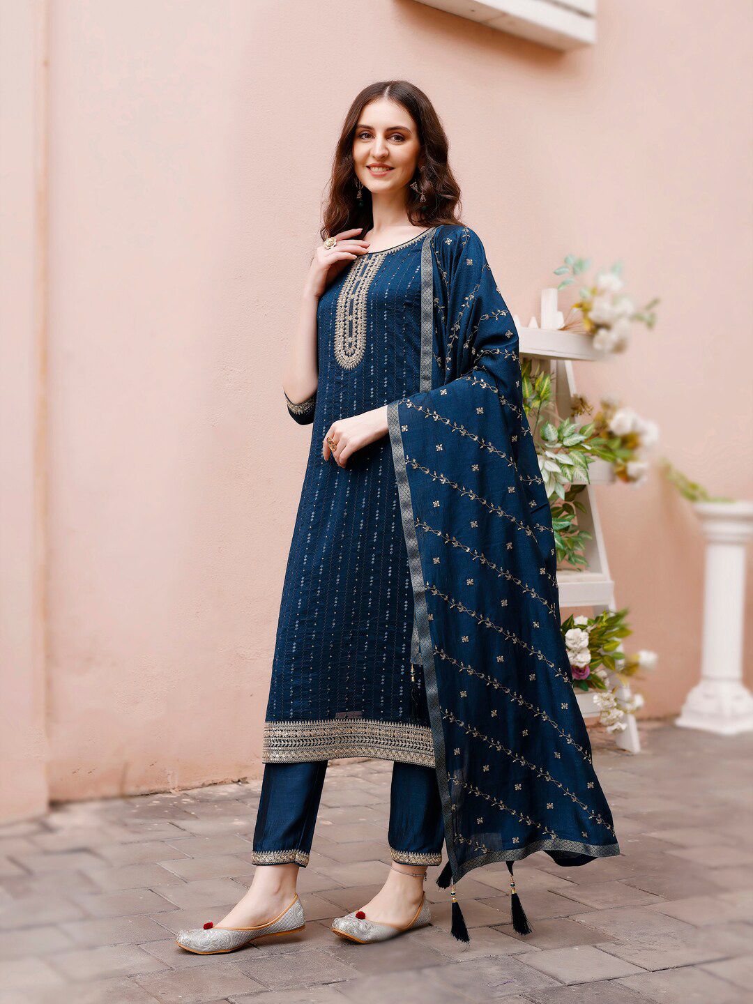 KALINI Embroidered Round Neck Straight Kurta & Trousers With Dupatta