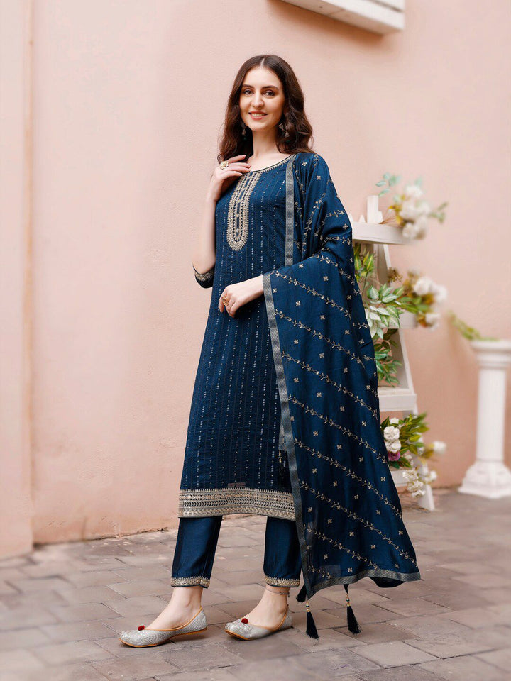 KALINI Embroidered Round Neck Straight Kurta & Trousers With Dupatta