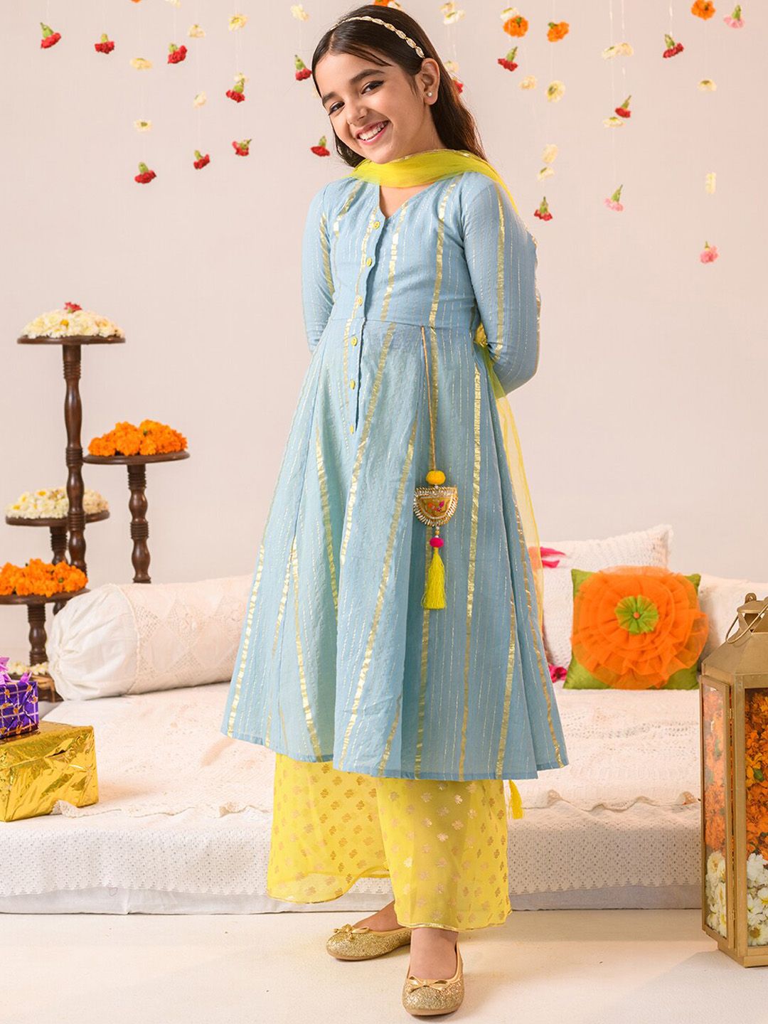 pspeaches Girls Printed Regular Pure Cotton Kurta with Pyjamas & Dupatta