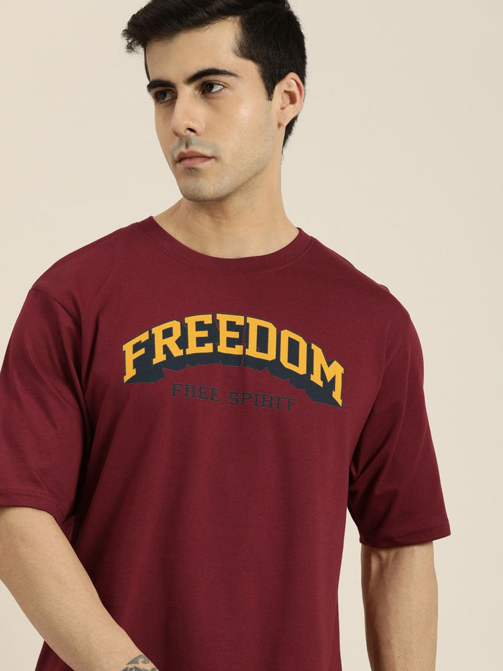 DILLINGER Men Maroon & Yellow Typography Printed Drop-Shoulder Sleeves Pure Cotton Oversized  T-shirt
