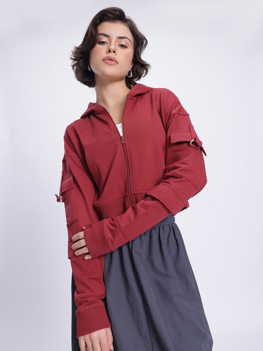 DressBerry Pockets Detail Hooded Crop Sweatshirt