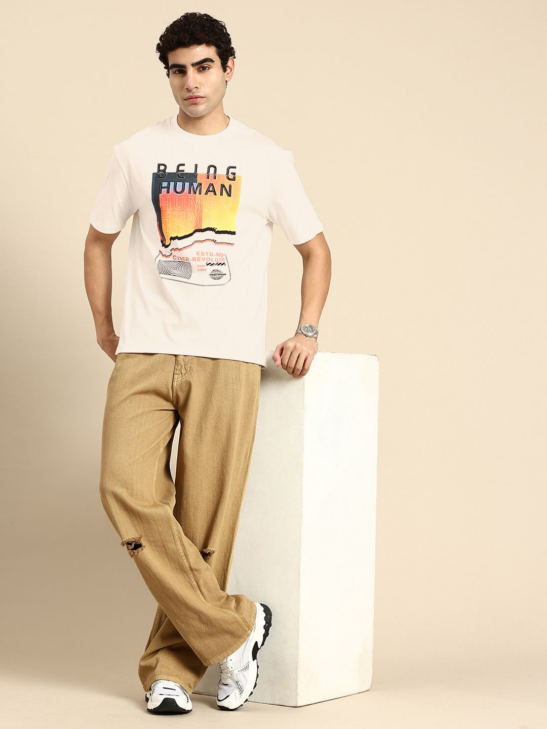 Being Human Brand Logo Printed Drop-Shoulder Sleeves Pure Cotton Easy Fit T-shirt