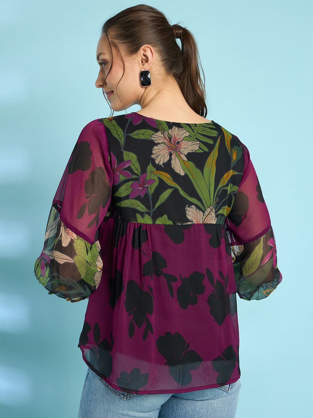 Antheaa Floral Printed Puff Sleeves A-Line Top with Pleated Detail