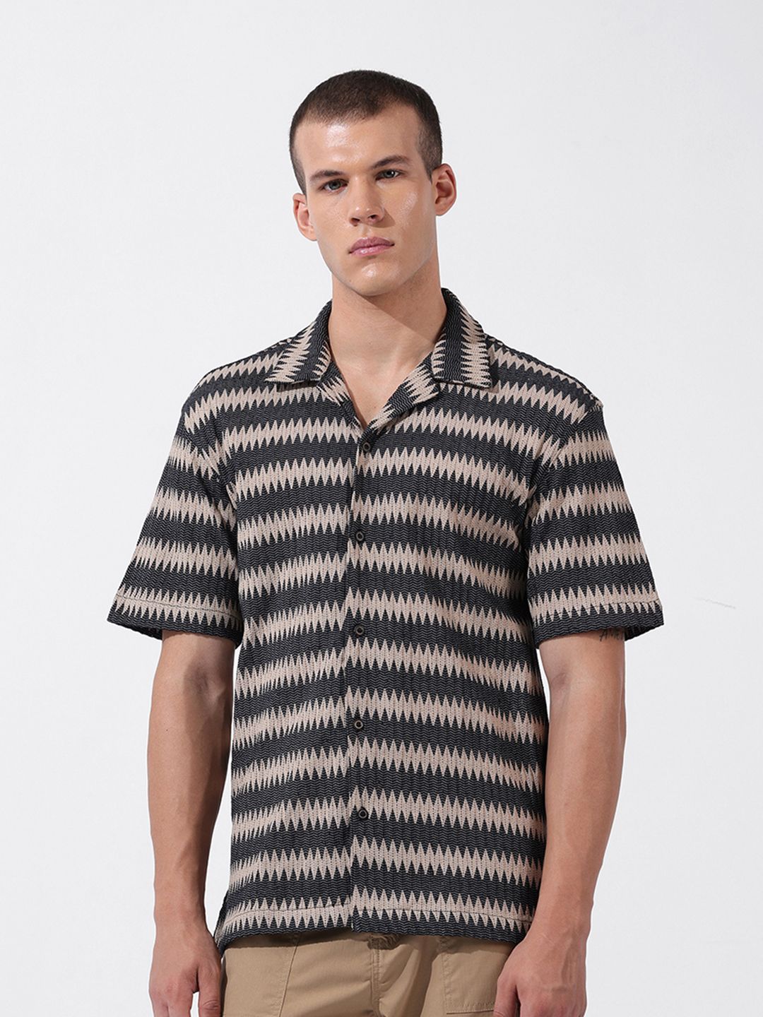 The Indian Garage Co Men Relaxed Fit Textured Crochet Knit Resort Wear Shirt