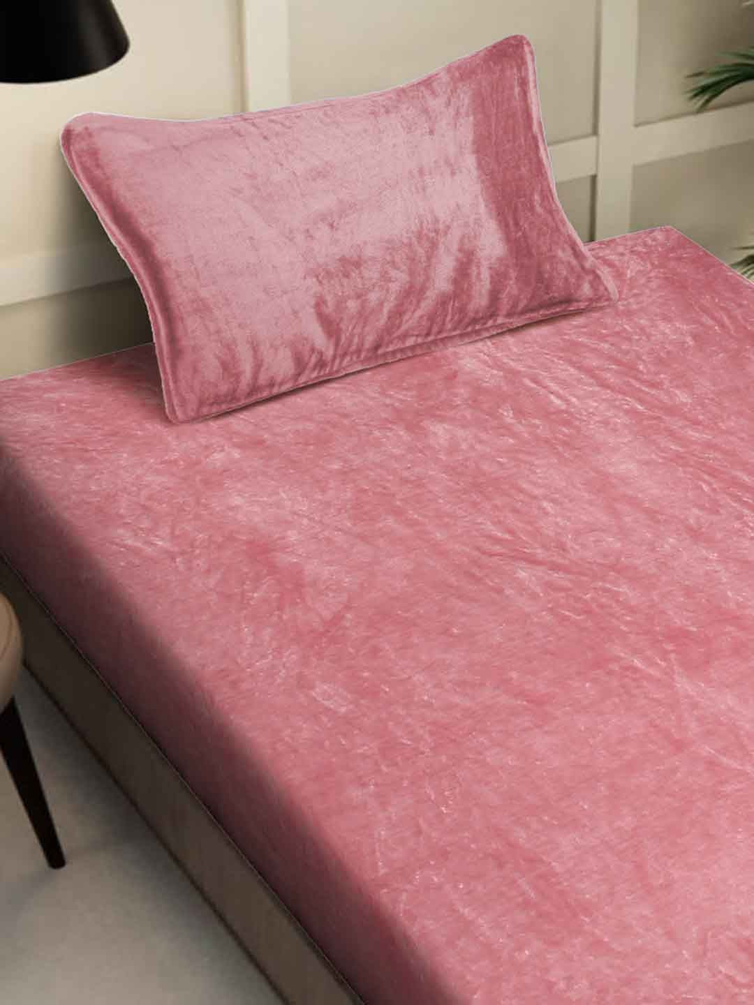 KLOTTHE Rust-Pink Woollen 300TC Single Bedsheet With Pillow Cover