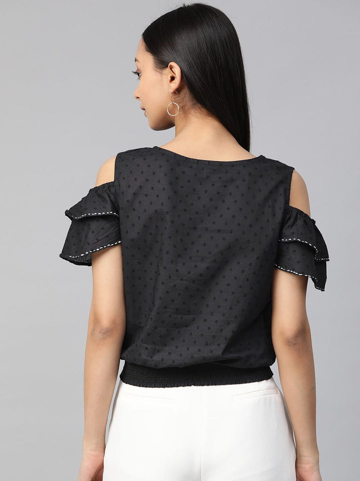 Global Desi Black Dobby Weave Cold-Shoulder Sleeves Smocked Blouson Top