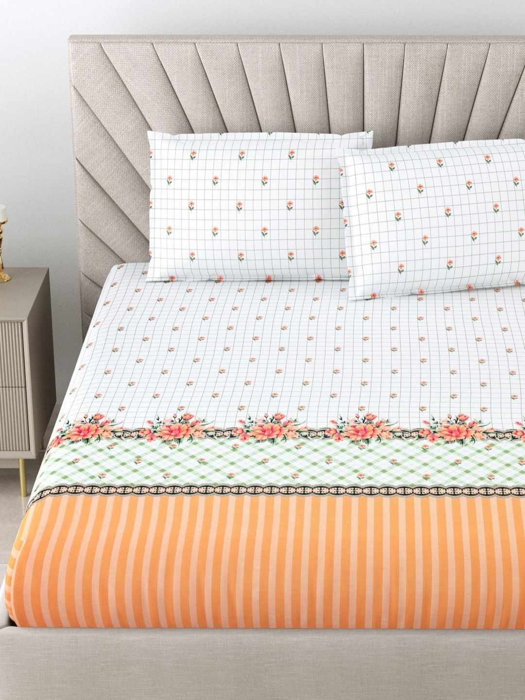 BOMBAY DYEING Thyme Peach Coloured Floral Cotton 210 TC King Bedsheet Set 2.74 x 2.74m