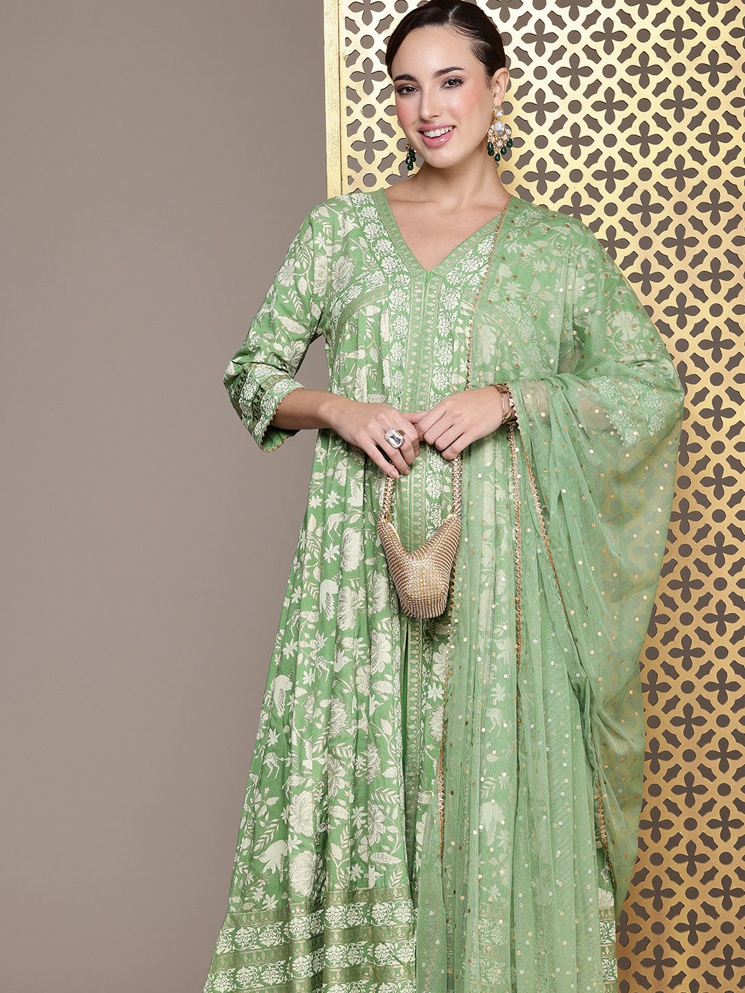House of Pataudi Jashn Ethnic Floral Foil Printed A-Line Kurta With Palazzos & Dupatta