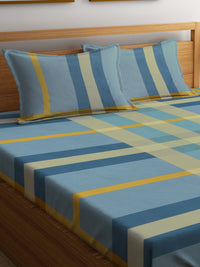 KLOTTHE Blue Geometric 300 TC Fitted Double King Bedsheet Set with 2 pillow coverrs