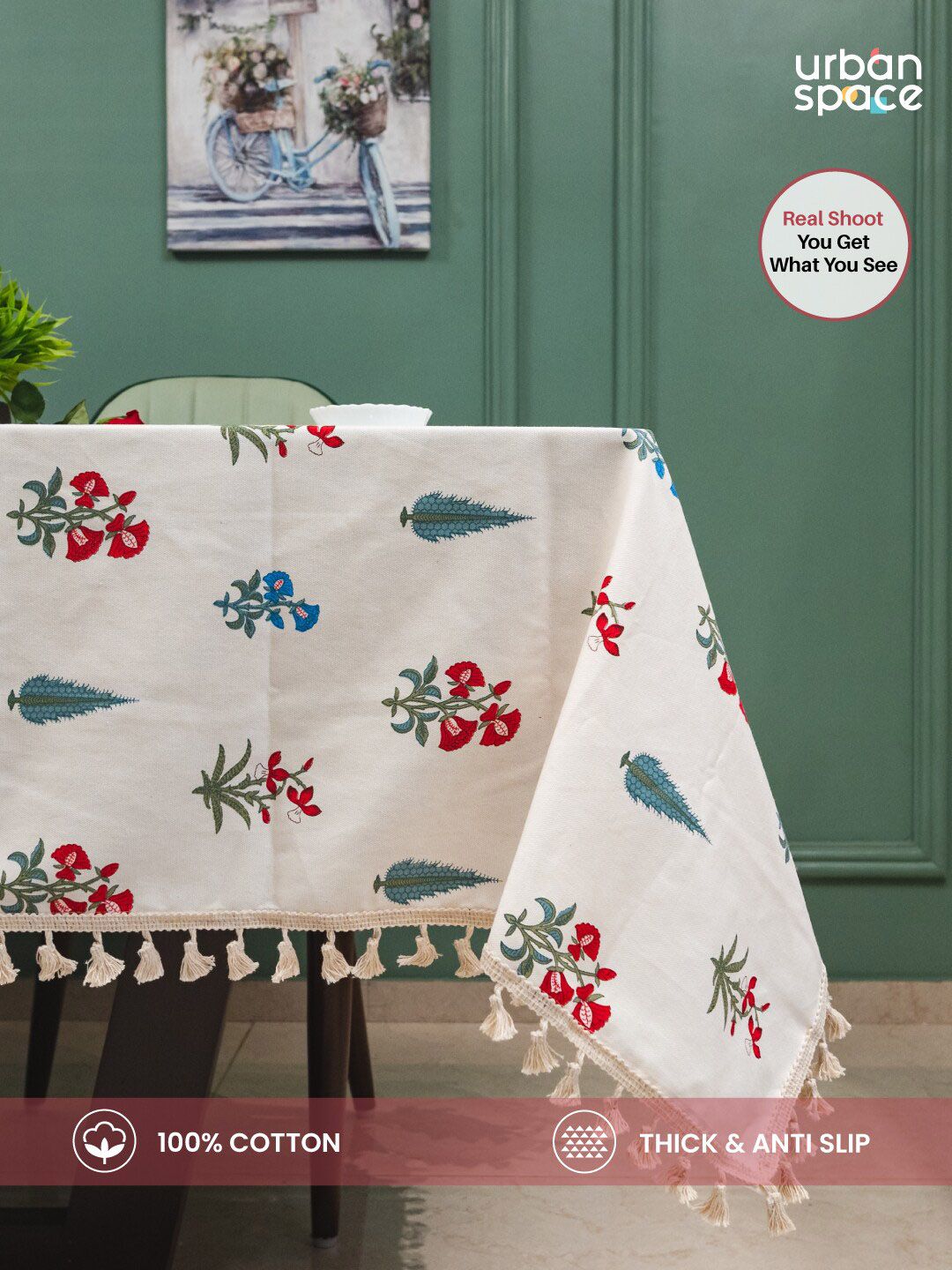 URBAN SPACE Red & White Floral Printed Pure Cotton 6-Seater Table Cover