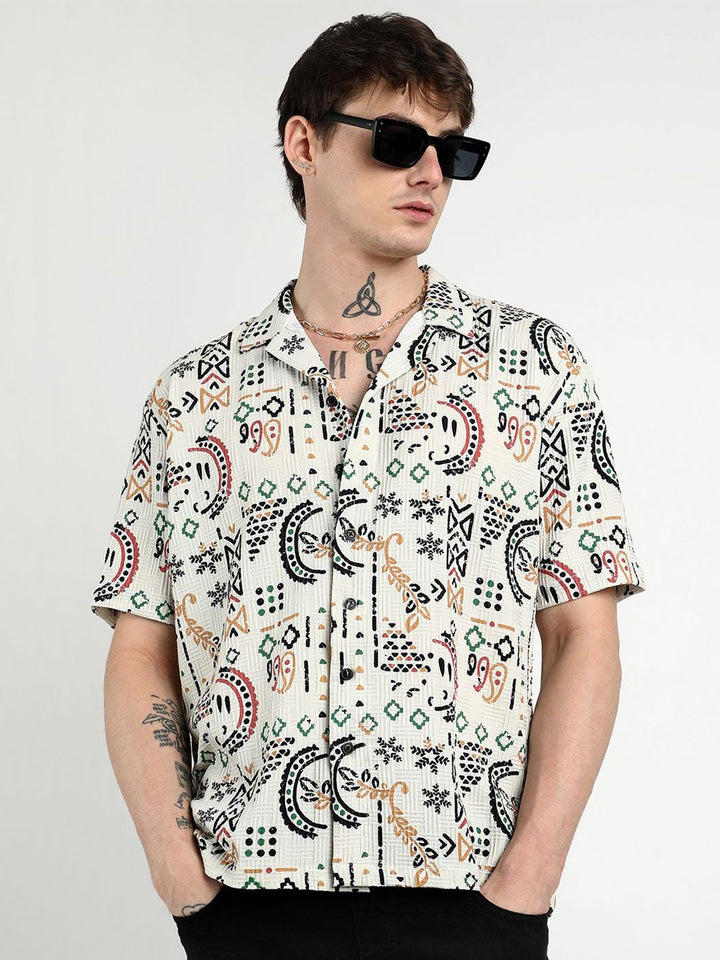 Campus Sutra Men Comfort Oversized Cuban Collar Printed Bohemian Casual Shirt