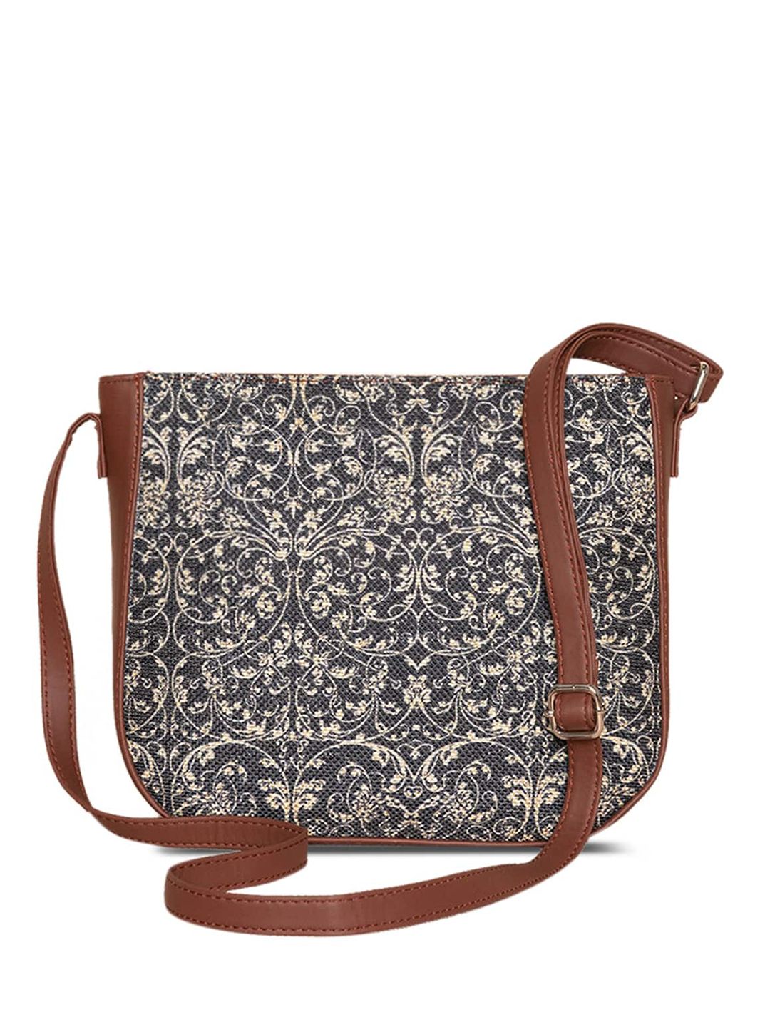 ZOUK Black Ethnic Motifs Printed Leather Structured Sling Bag