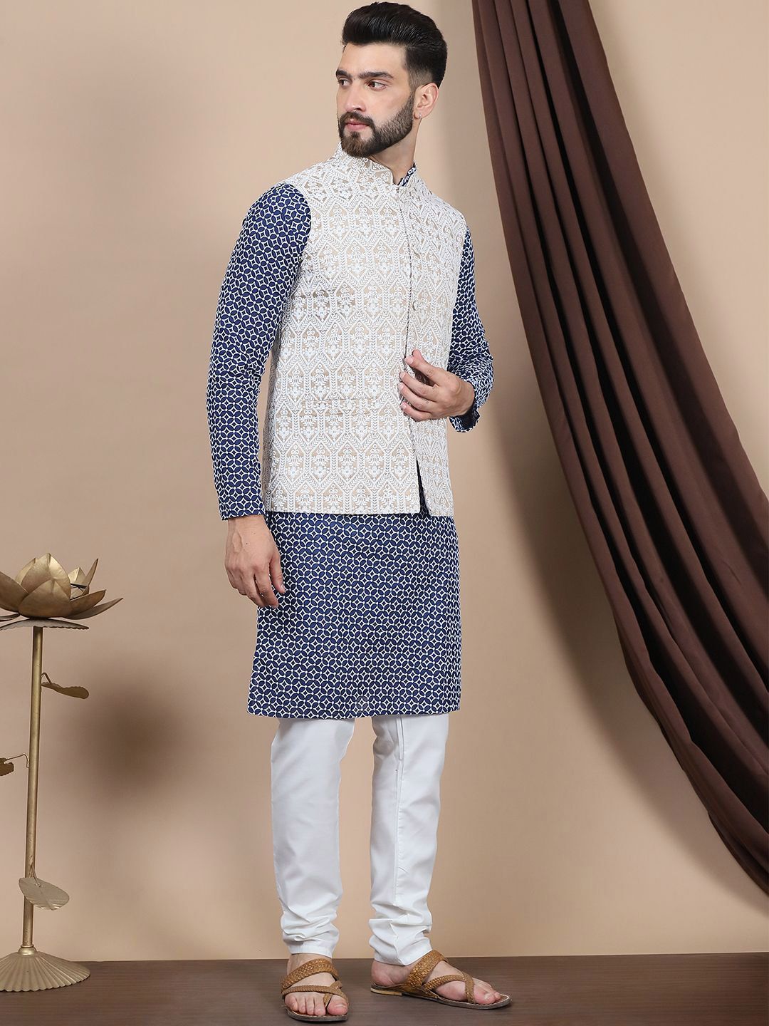 Anouk Navy Blue Ethnic Motifs Printed Pure Cotton Kurta with Churidar