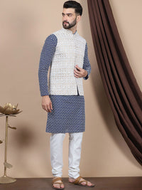 Anouk Navy Blue Ethnic Motif Printed Pure Cotton Kurta with Churidar